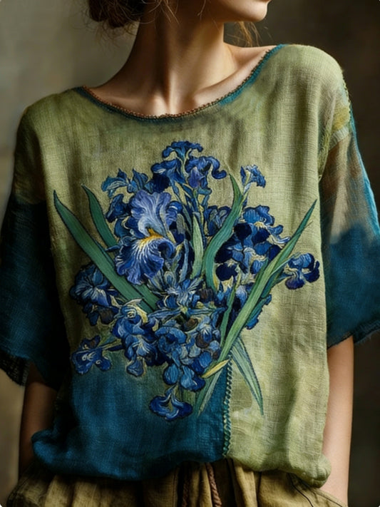Women's Oil Painting Inspired Irises Embroidered Flowy Linen Casual Shirt