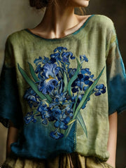 Women's Oil Painting Inspired Irises Embroidered Flowy Linen Casual Shirt