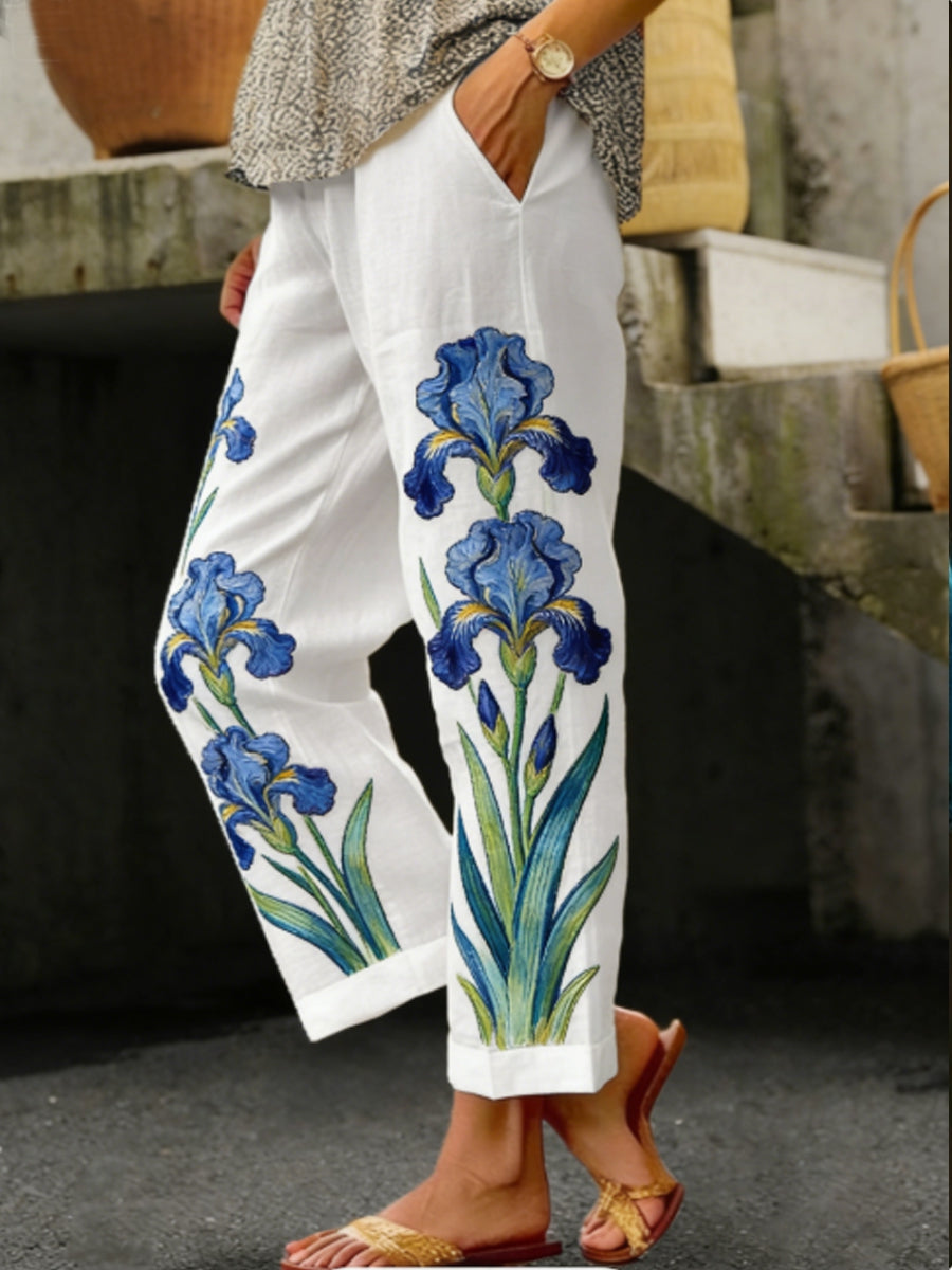 Women's Oil Painting Inspired Iris Embroidery Flowing Linen Casual Pants