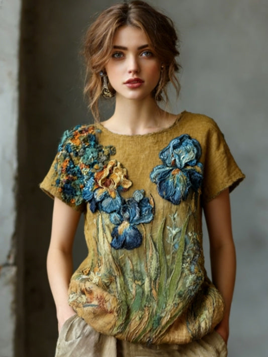 Women's Oil Painting Inspired Irises Embroidered Flowy Linen Casual Shirt