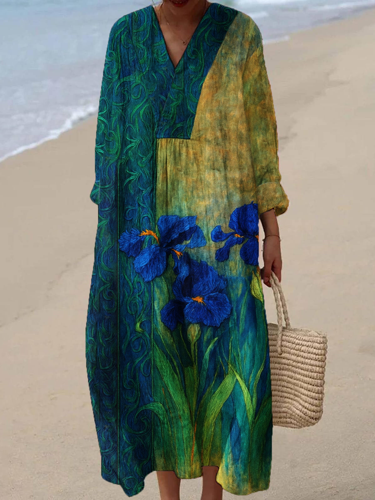 Women's Oil Painting Inspired Irises Embroidered Flowy Linen Casual Dress