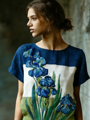 Women's Oil Painting Inspired Irises Embroidered Flowy Linen Casual Shirt