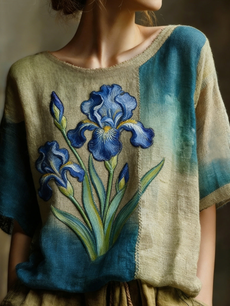 Women's Oil Painting Inspired Irises Embroidered Flowy Linen Casual Shirt