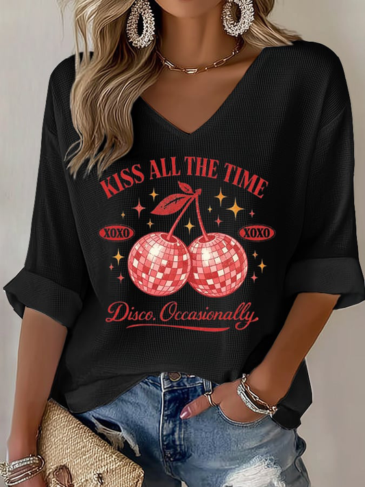 Women's Kiss All The Time Disco Occasionally Printed Waffle T-shirt