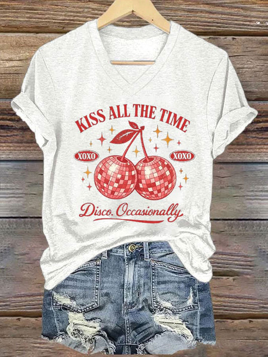 Women's Kiss All The Time Disco Occasionally Printed Iron On Short Sleeve T-Shirt