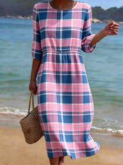Women's Plaid Print Cotton Linen Dress