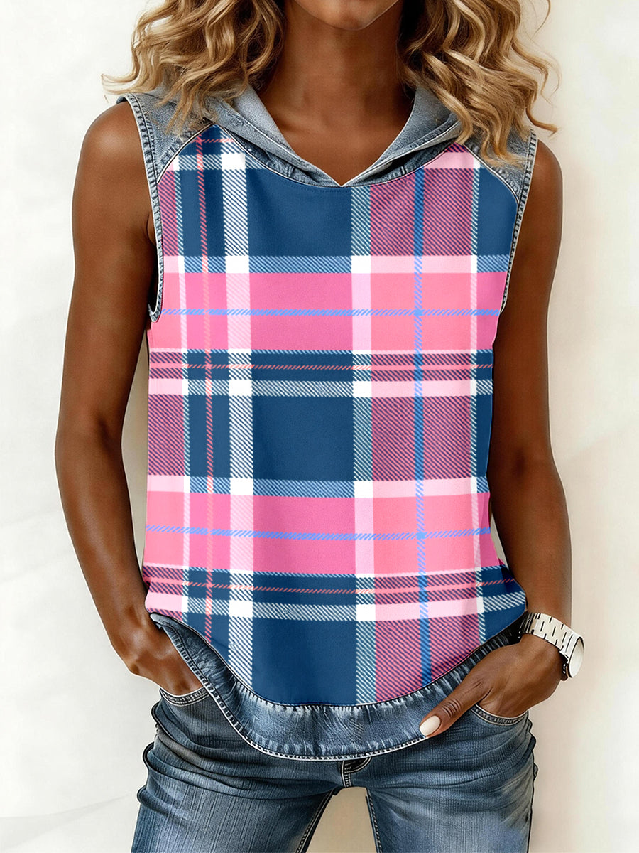 Women's Plaid Print Denim Patchwork Hooded Top