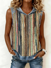 Women's Vintage Striped Print Denim Patchwork Hooded Top
