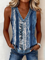Women's Blue Tie-Dye Print Denim Patchwork Top