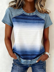 Women's Gradient Striped Print Denim Patchwork Top