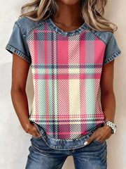 Women's Pink Plaid Pattern Denim Patchwork Top