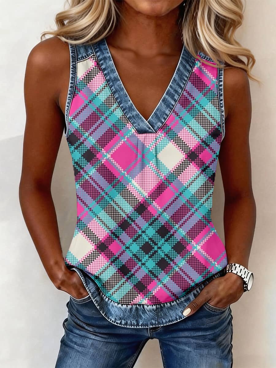 Women's Vintage Plaid Print Denim Patchwork V-Neck Top