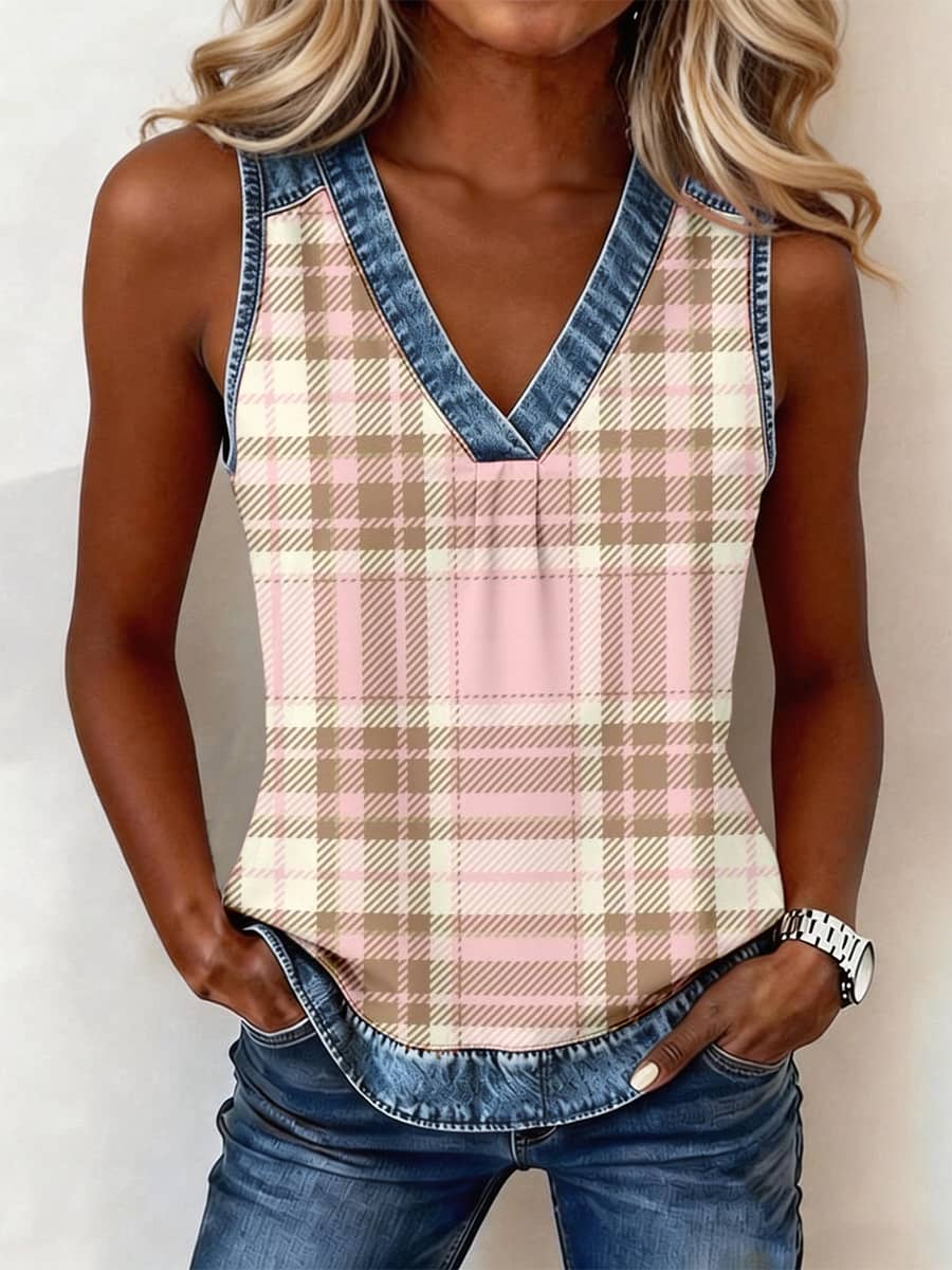 Women's Pink Plaid Print Denim Patchwork V-Neck Top
