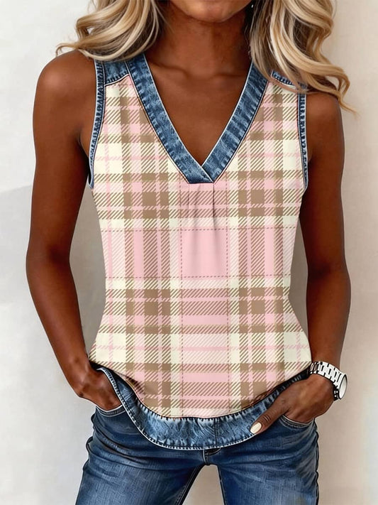 Women's Pink Plaid Print Denim Patchwork V-Neck Top