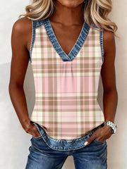 Women's Pink Plaid Print Denim Patchwork V-Neck Top