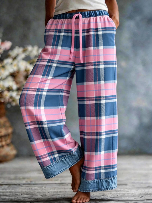 Women's Plaid Print Patchwork Art Casual Pants
