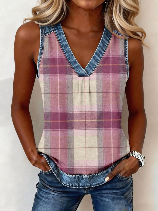 Women's Vintage Plaid Print Denim Patchwork V-Neck Top
