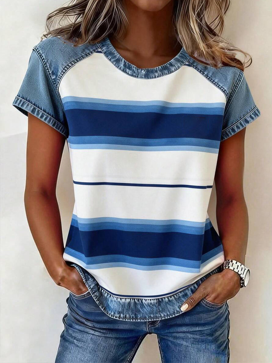 Women's Striped Print Denim Patchwork Top