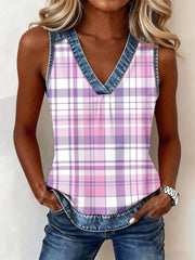 Women's Purple Plaid Print Denim Patchwork V-Neck Top