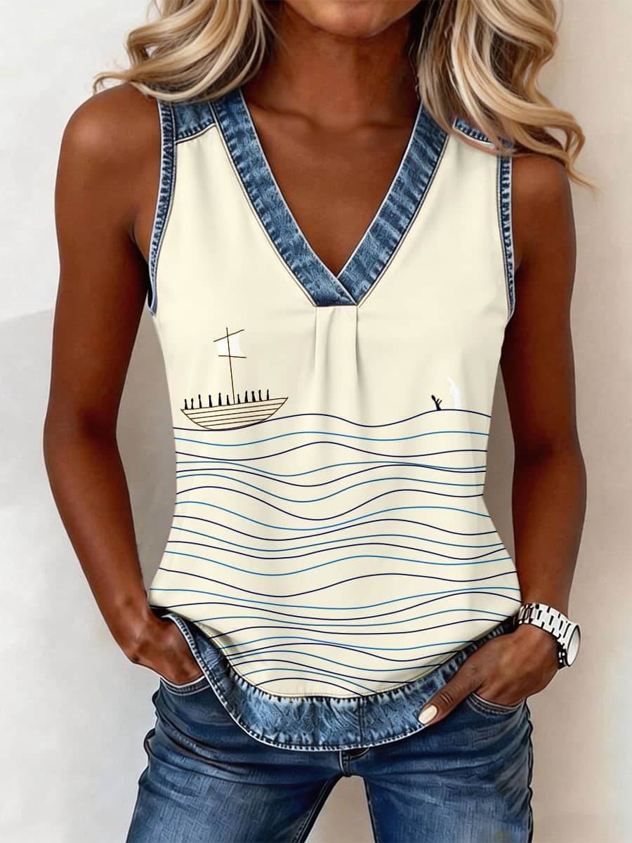 Women's Christian Faith Art Print Denim Patchwork Top