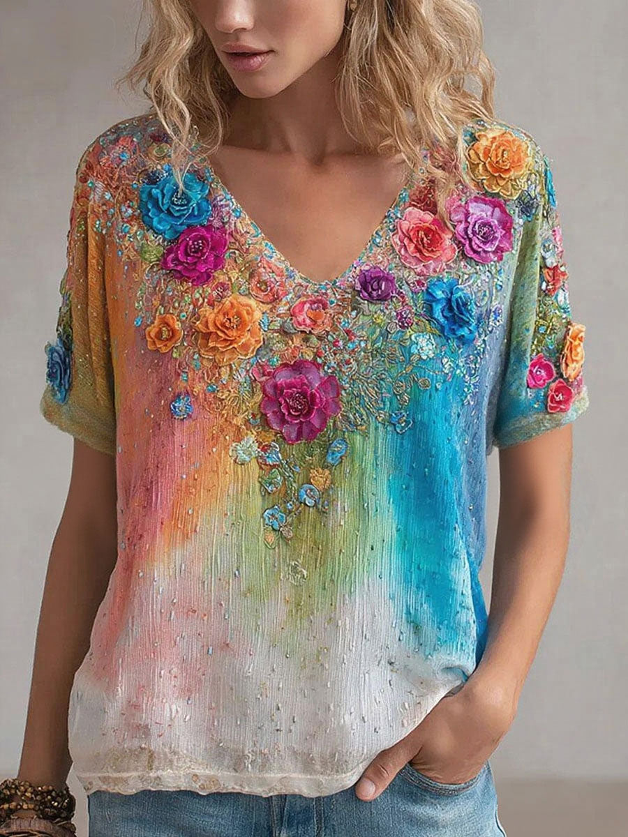 Women's Rainbow Floral Print Casual T-shirt