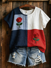 Women's Floral Print linen short-sleeved T-shirt