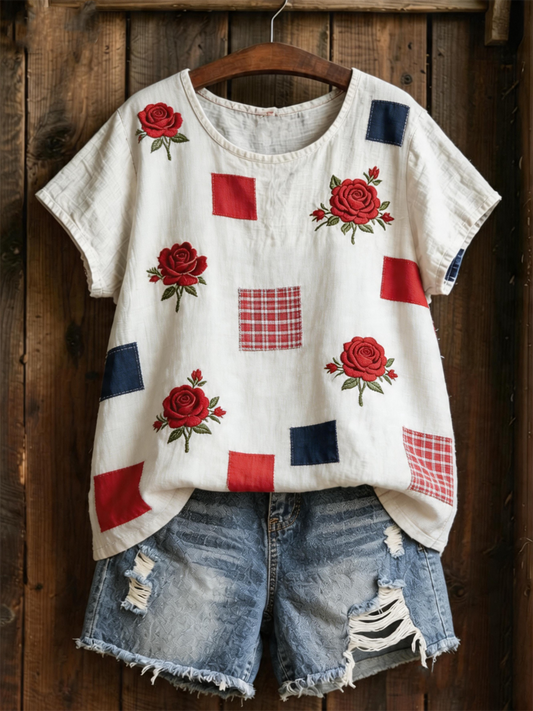 Women's Floral Print linen short-sleeved T-shirt