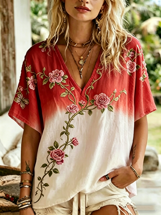 Women's Floral Print linen short-sleeved T-shirt