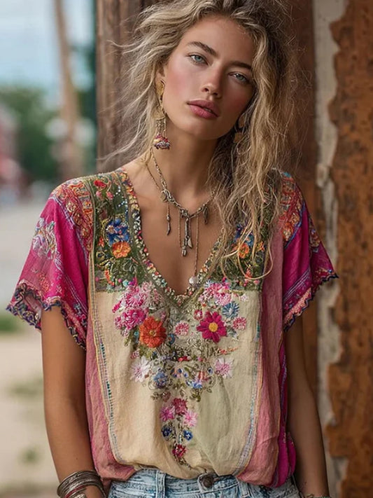 Women's Bohemian Floral Embroidery Patchwork Art V-neck Linen Blend T-shirt