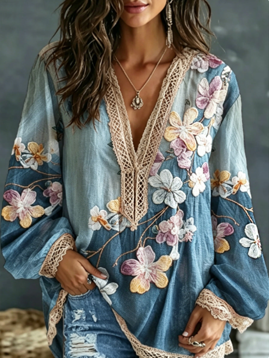 Women's Bohemian Floral Embroidery Art Contrast Color Linen Blend V-Neck Long Sleeve Shirt