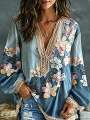 Women's Bohemian Floral Embroidery Art Contrast Color Linen Blend V-Neck Long Sleeve Shirt