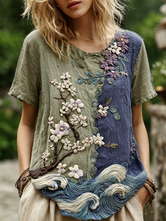 Women's Classy Gradient Japanese Sakura Cherry Blossoms And Sea Wave Embroidered Pattern Linen T-shirt