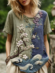 Women's Classy Gradient Japanese Sakura Cherry Blossoms And Sea Wave Embroidered Pattern Linen T-shirt