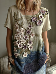 Women's Classy Gradient Japanese Sakura Cherry Blossoms And Sea Wave Embroidered Pattern Linen T-shirt