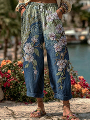 Women's Classy Gradient Japanese Sakura Cherry Blossoms And Sea Wave Embroidered Pattern Linen Casual Pants