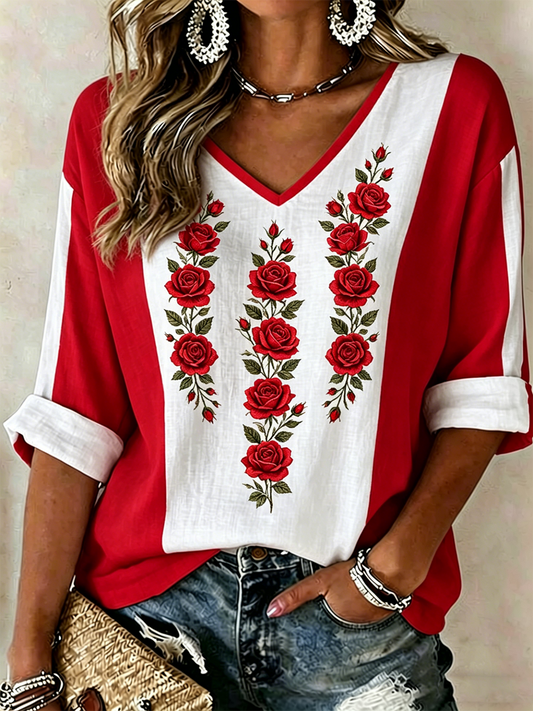 Women's Floral Print Mid-length Sleeves V-Neck T-Shirt