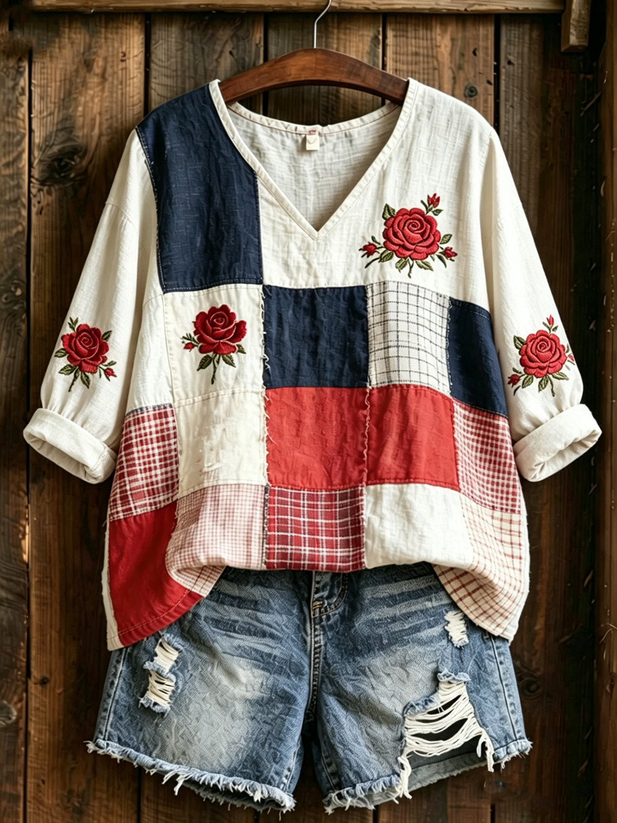Women's Floral Print Mid-length Sleeves V-Neck T-Shirt