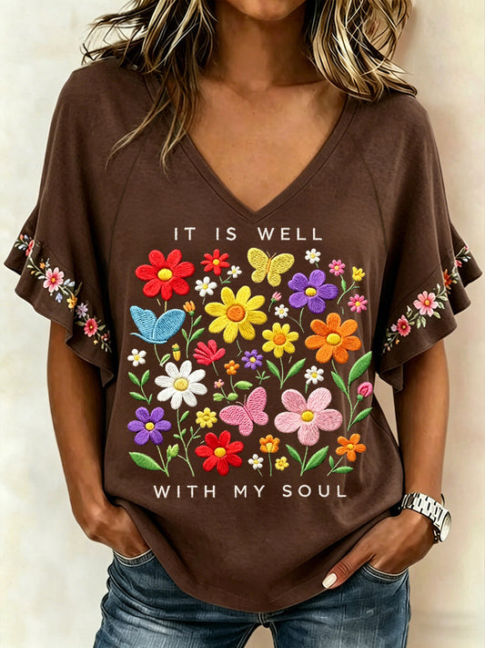 Women's It Is Well With My Soul Floral Print Casual Ruffle Sleeve Tee
