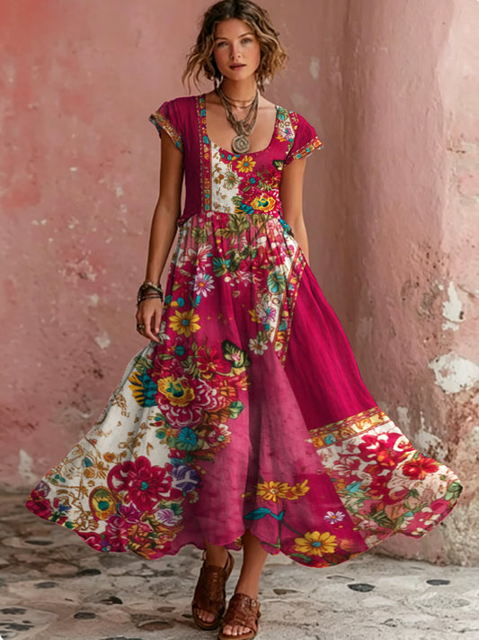 Women's Bohemian Floral Embroidery Art Round Neck Short Sleeve Midi Dress