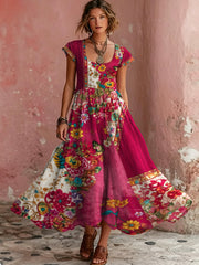 Women's Bohemian Floral Embroidery Art Round Neck Short Sleeve Midi Dress