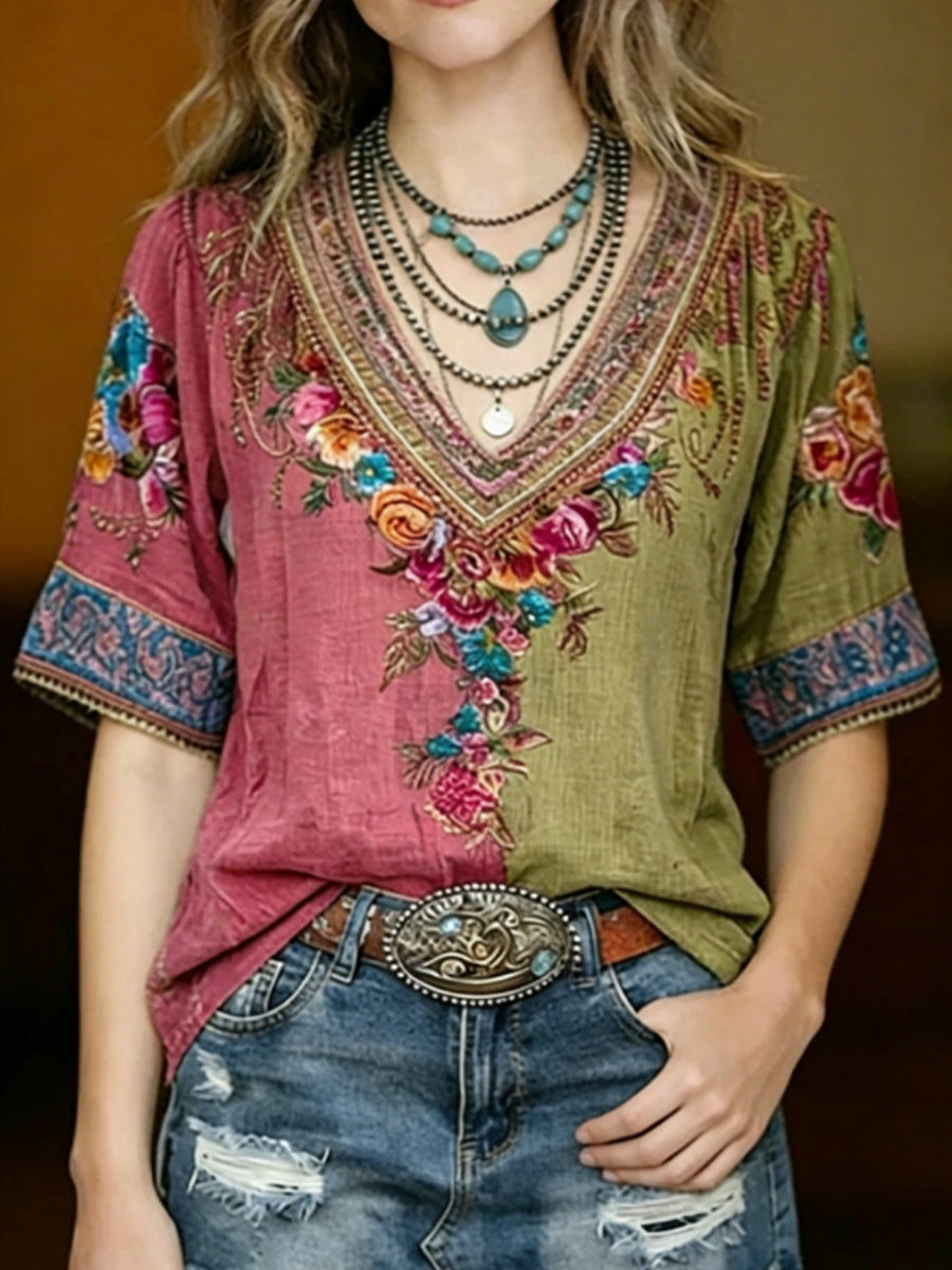 Women's Retro Flower Embroidered V-Neck Short Sleeve Cotton Top