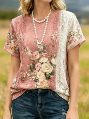 Women's Vintage Floral Print Lace Patch linen short-sleeved T-shirt