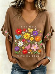 Women's It Is Well With My Soul Floral Print Casual Ruffle Sleeve Tee