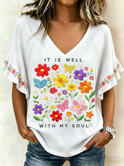 Women's It Is Well With My Soul Floral Print Casual Ruffle Sleeve Tee
