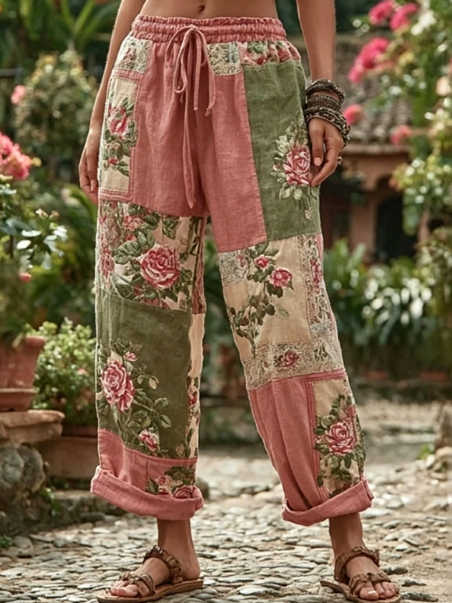 Women's Bohemian Floral Embroidery Art Contrast Color Linen Blend Casual Pants