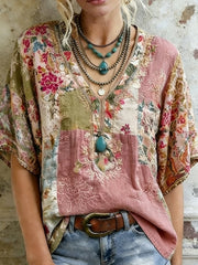 Women's Retro Floral Embroidered V-Neck Short Sleeve linen T-shirt