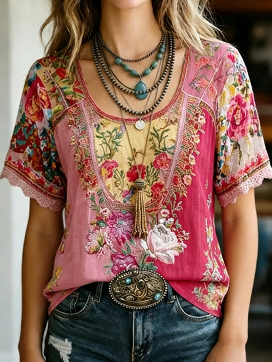 Women's Retro Floral Embroidered linen short-sleeved T-shirt