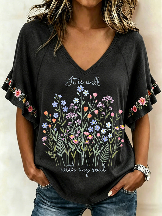 Women's It Is Well With My Soul Floral Print Casual Ruffle Sleeve Tee