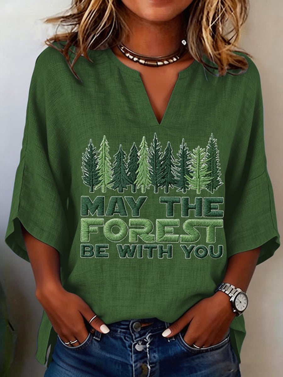 Women's May The Forest Be With You Printed V-Neck Shirt