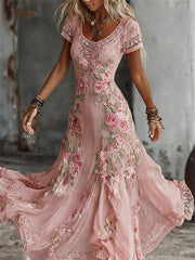 Women's Vintage Pink Roses Art Print Flowy Maxi Dress